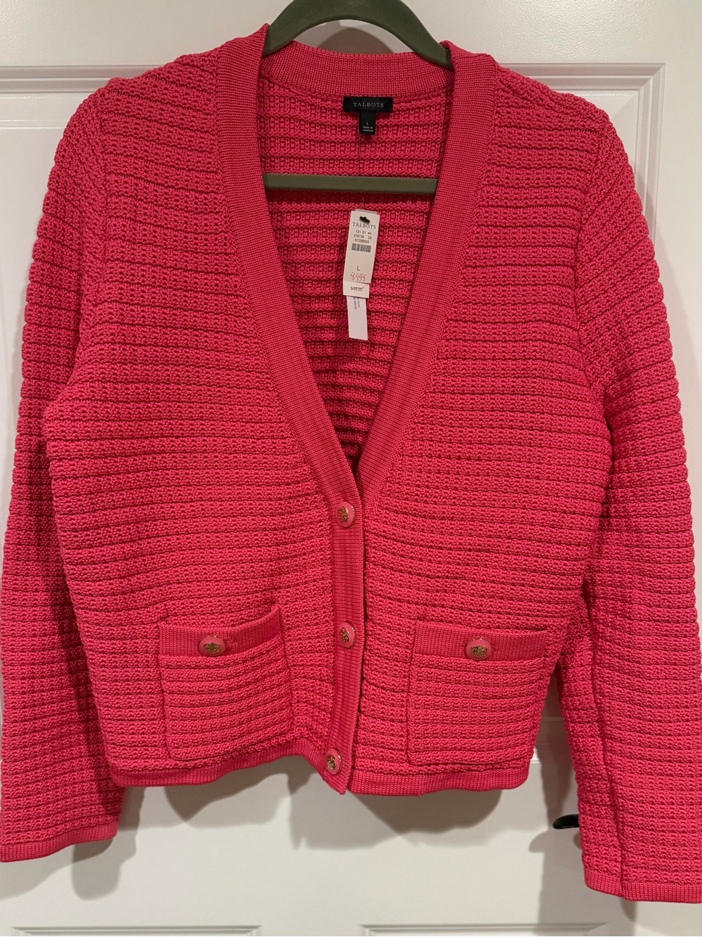 NWT Talbots Kate Cardigan Sweater Women large Pink Gold Crest Buttons Luxury